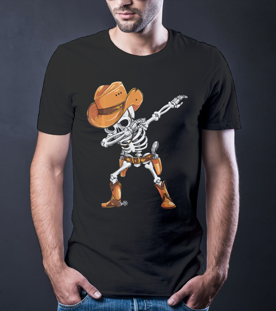 Dabbing Skeleton Cowboy In Orange Hat And Boots T-Shirt