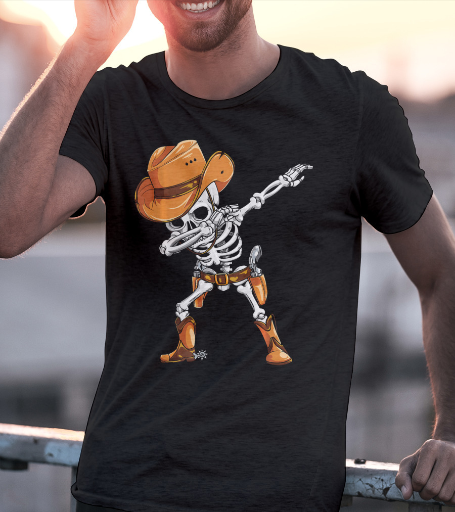 Dabbing Skeleton Cowboy In Orange Hat And Boots T-Shirt
