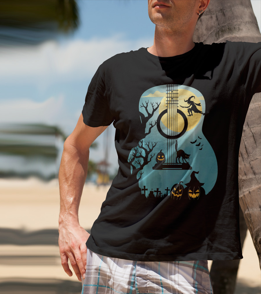 Halloween Guitar Witch Cat Pumpkins And Bat Scene T-Shirt