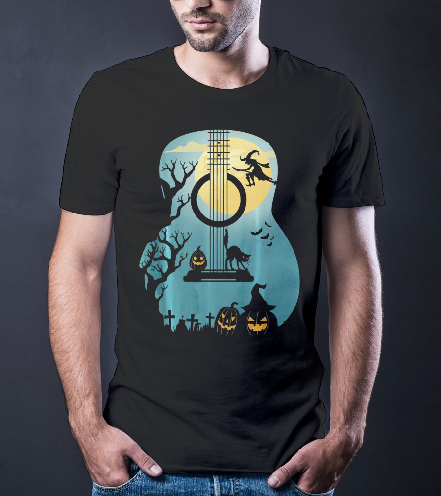 Halloween Guitar Witch Cat Pumpkins And Bat Scene T-Shirt