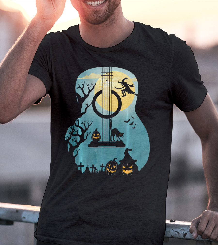 Halloween Guitar Witch Cat Pumpkins And Bat Scene T-Shirt