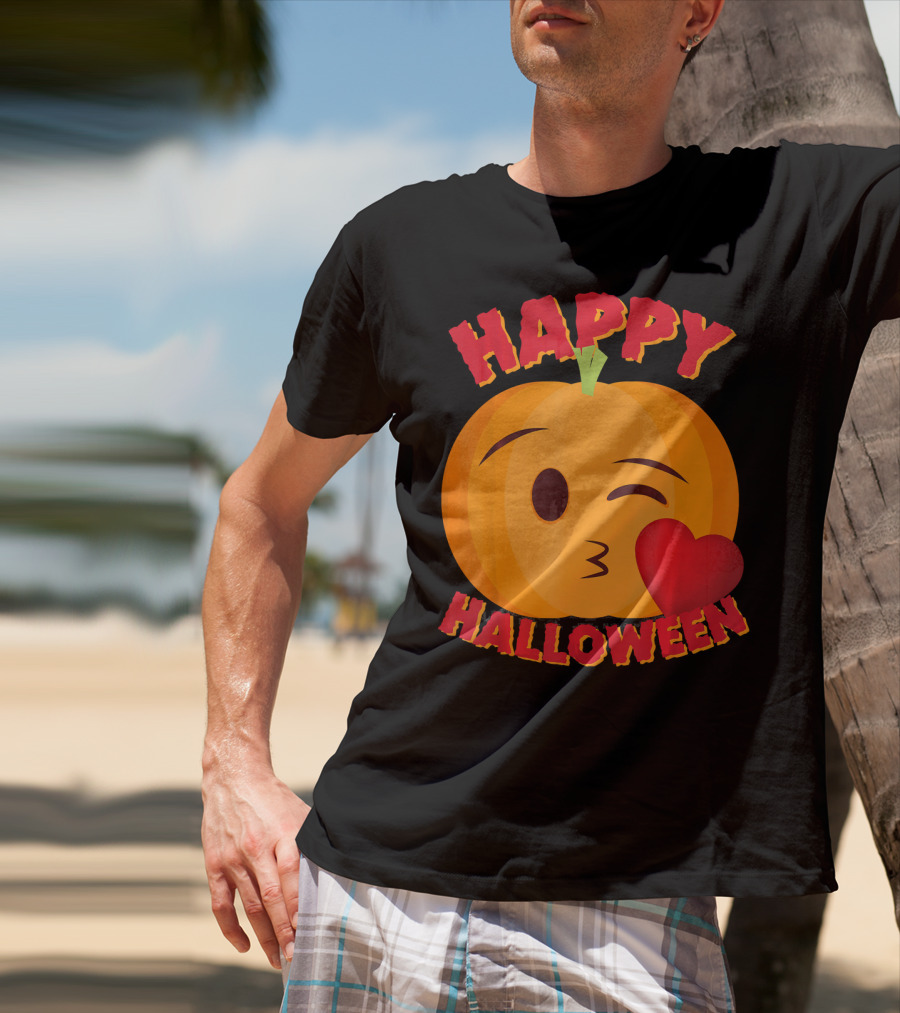Happy Halloween Blowing Kiss Emoji Pumpkin T-Shirt