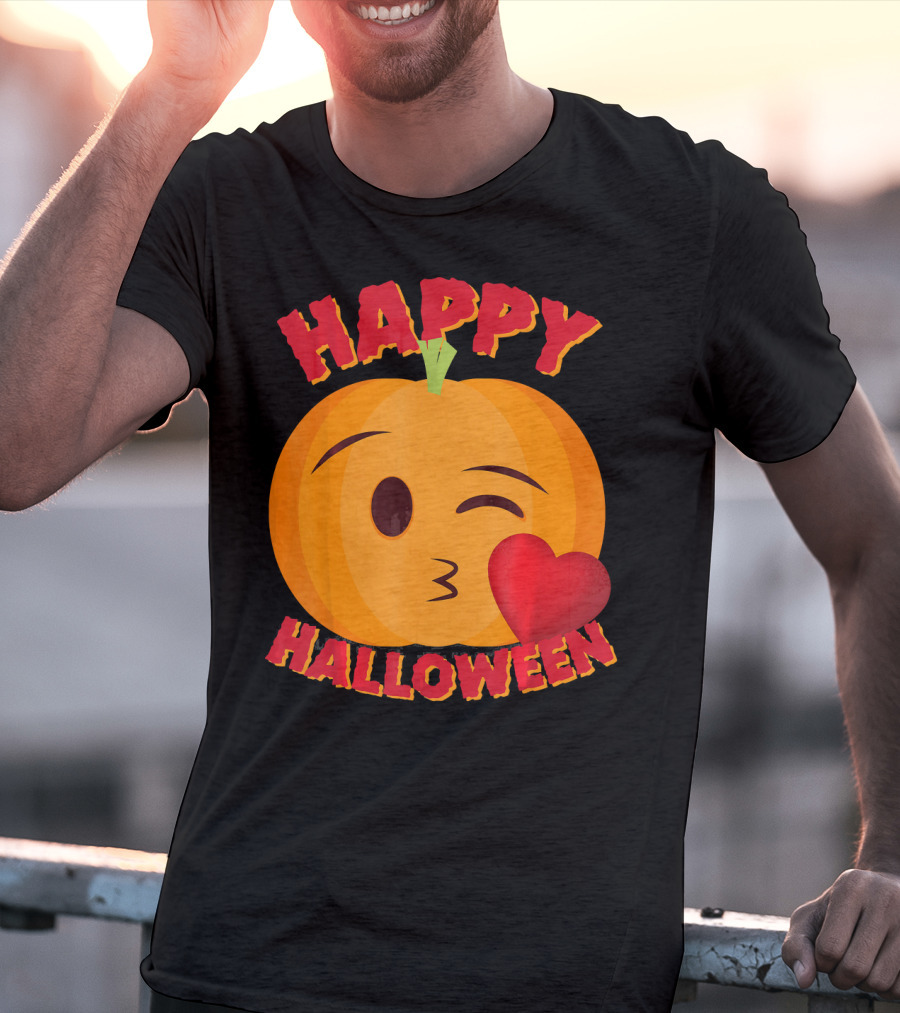 Happy Halloween Blowing Kiss Emoji Pumpkin T-Shirt