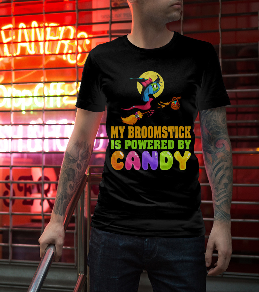 My Broomstick Is Powered By Candy With Witch And Moon Scene T-Shirt