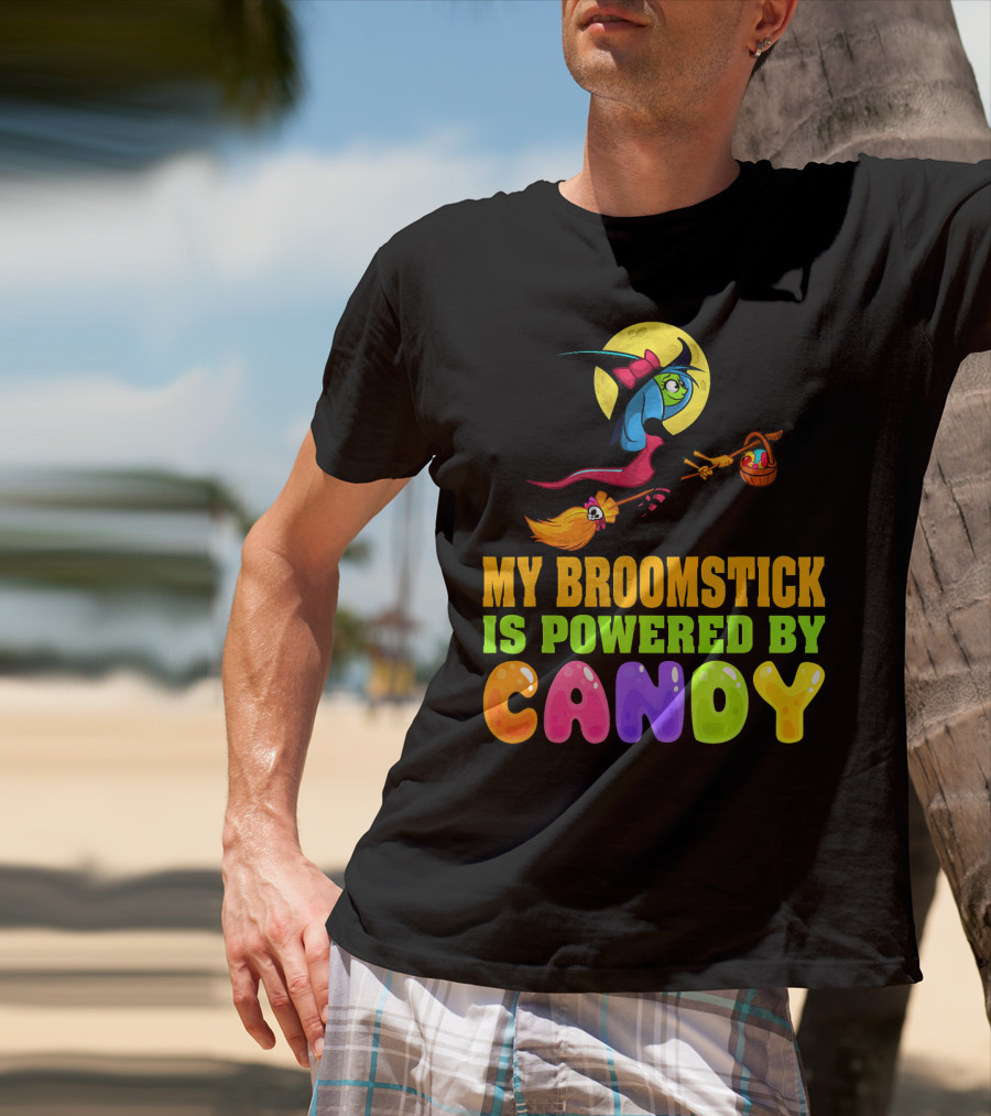 My Broomstick Is Powered By Candy With Witch And Moon Scene T-Shirt