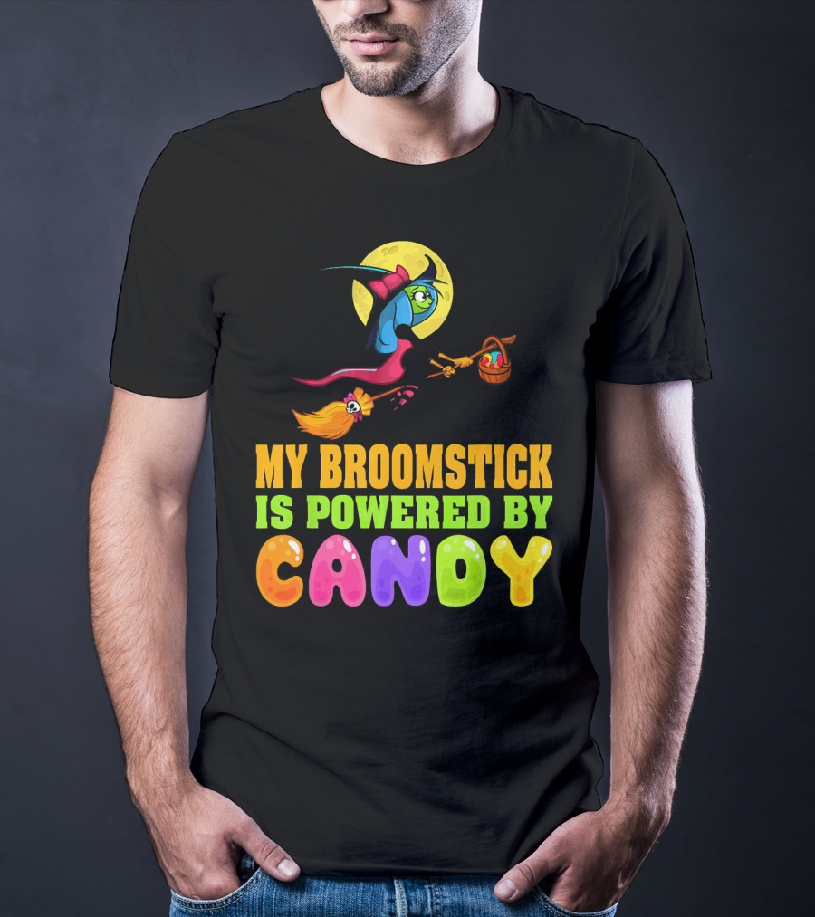 My Broomstick Is Powered By Candy With Witch And Moon Scene T-Shirt