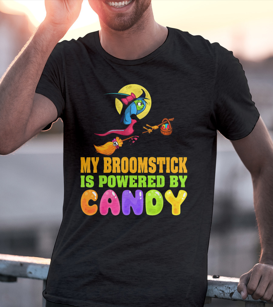 My Broomstick Is Powered By Candy With Witch And Moon Scene T-Shirt