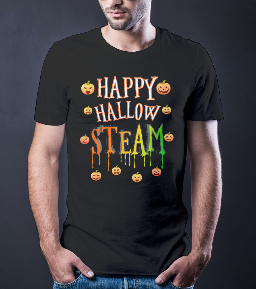 HAPPY HALLOW STEAM Pumpkin Faces Orange Green Dripping Letters T-Shirt