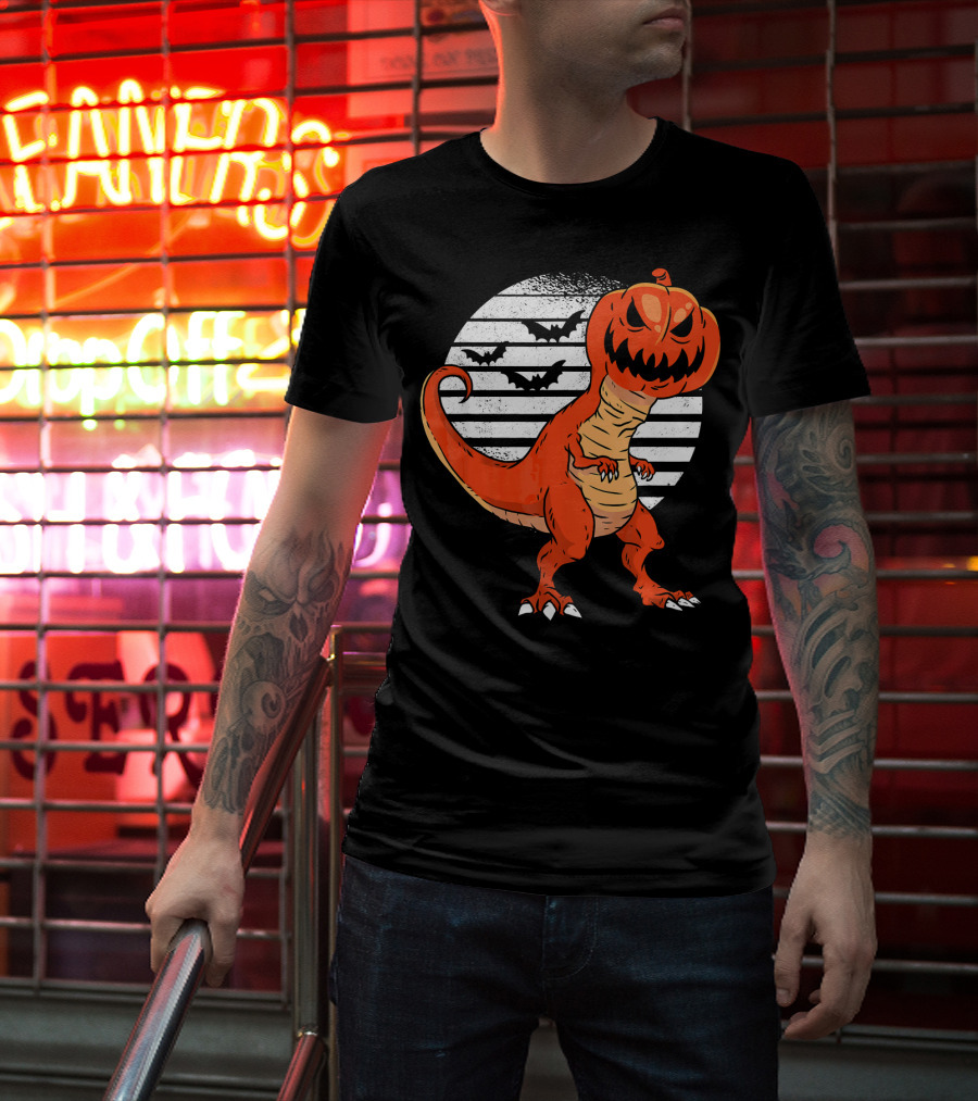 Funny Dinosaur Pumpkin Head Halloween With Bats T-Shirt