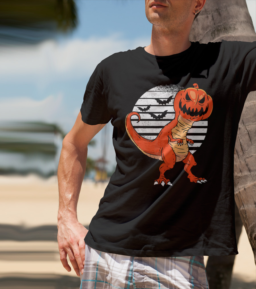 Funny Dinosaur Pumpkin Head Halloween With Bats T-Shirt