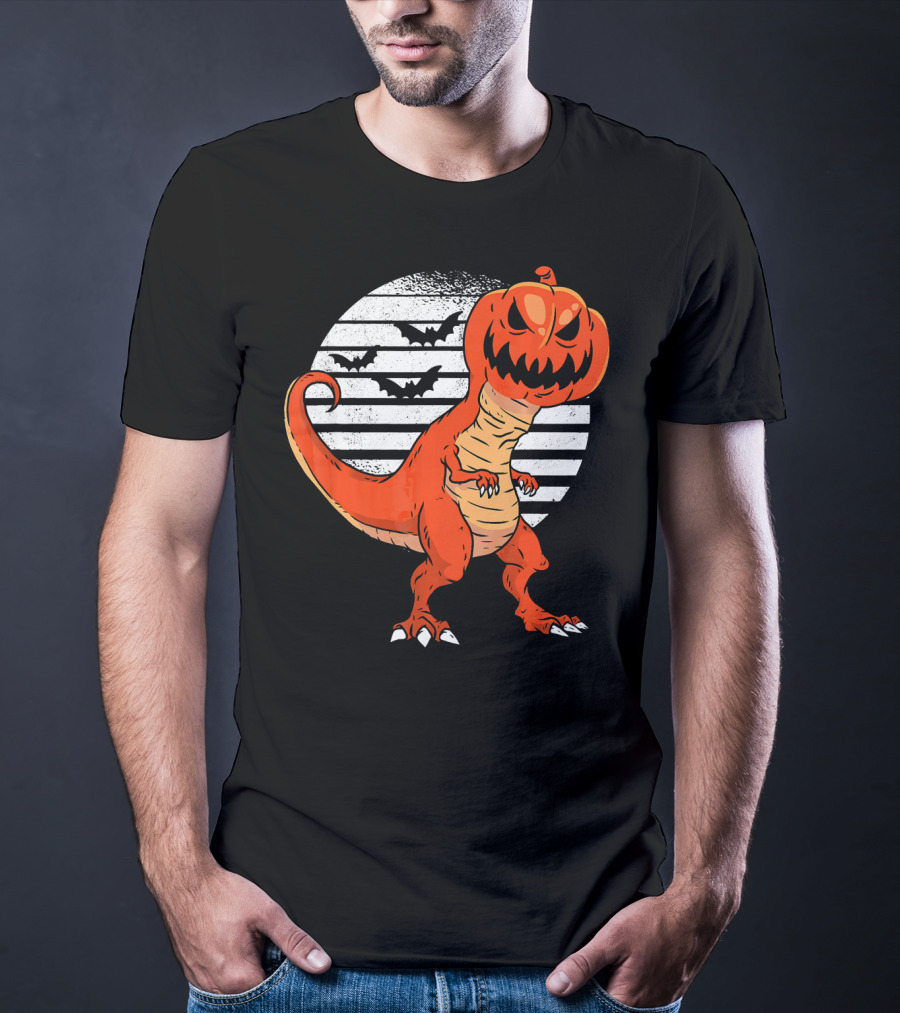 Funny Dinosaur Pumpkin Head Halloween With Bats T-Shirt