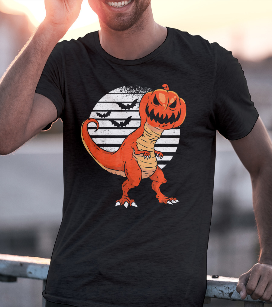 Funny Dinosaur Pumpkin Head Halloween With Bats T-Shirt