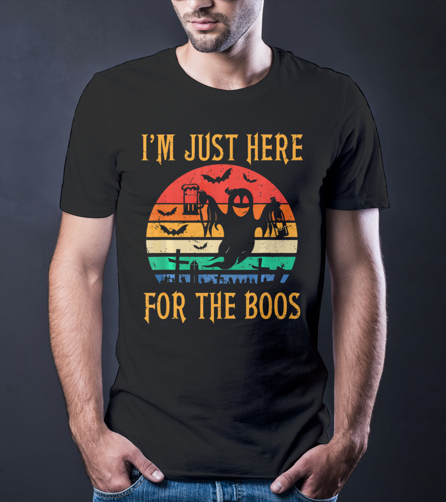 I'm Just Here For The Boos Halloween Ghost And Bats Retro Sunset T-Shirt