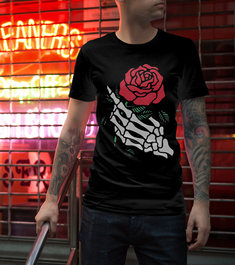 Rose White Skeleton Hand Holding Red Rose T-Shirt