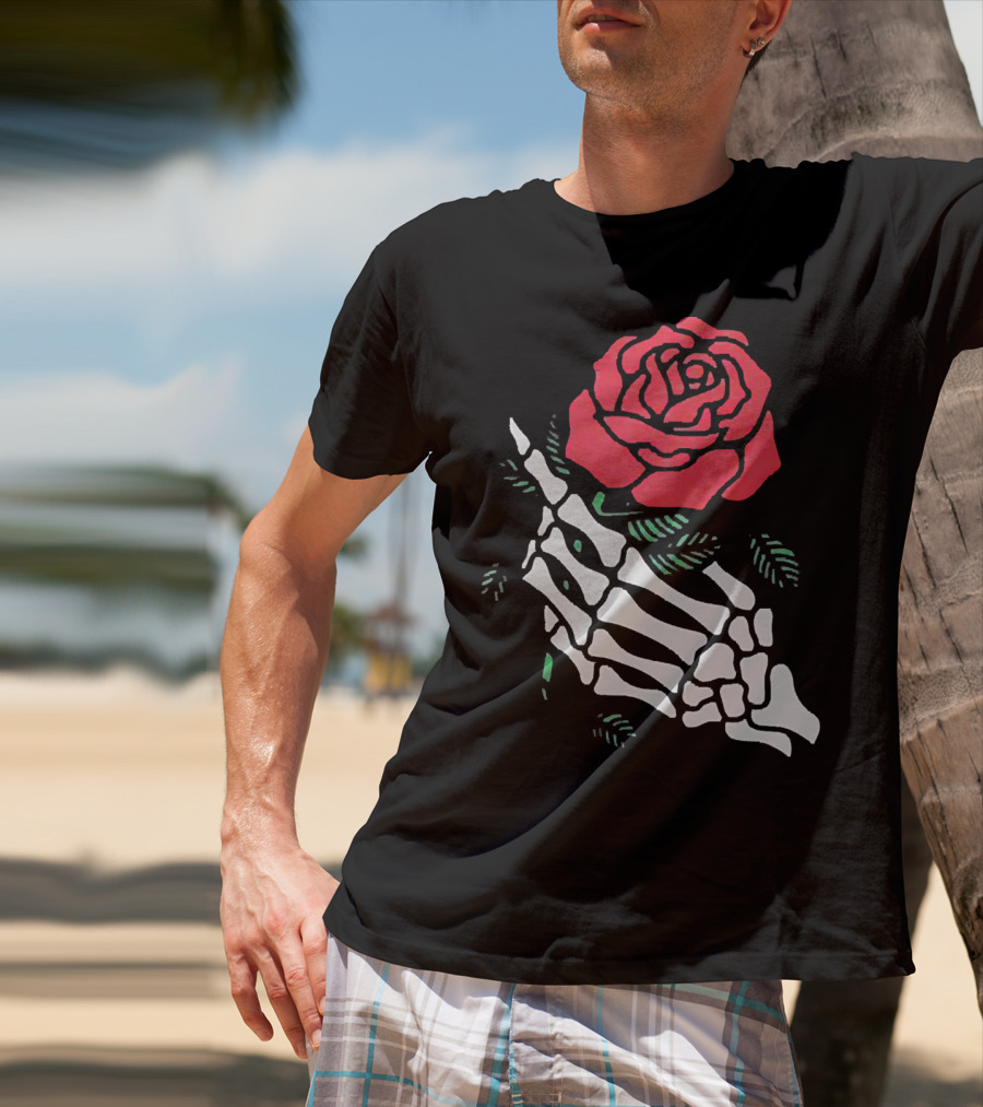 Rose White Skeleton Hand Holding Red Rose T-Shirt