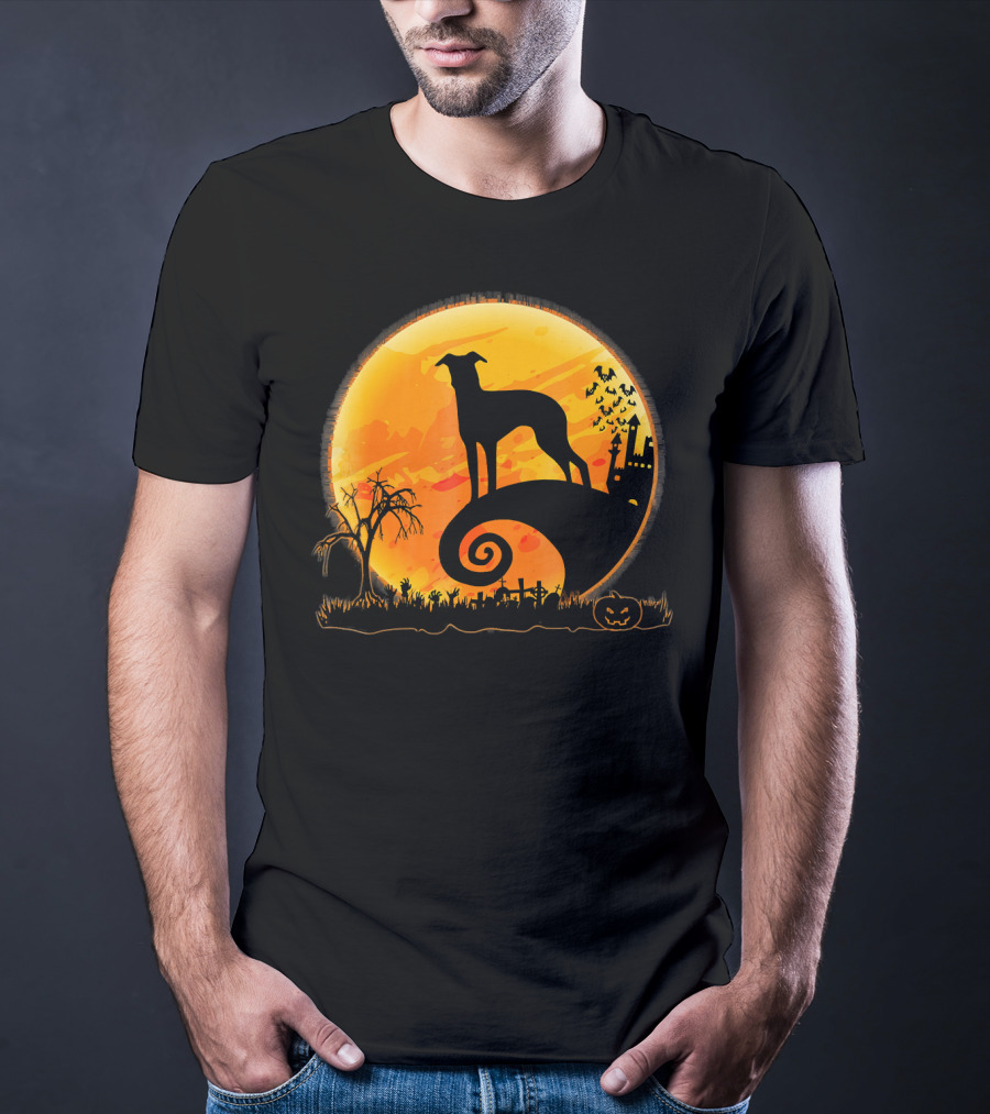 Italian Greyhound Dog Silhouette On Halloween Moon Night T-Shirt