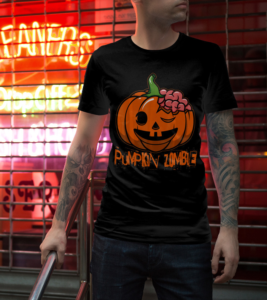 Pumpkin Zombie Halloween Horror Winking Jack O'Lantern With Brain T-Shirt