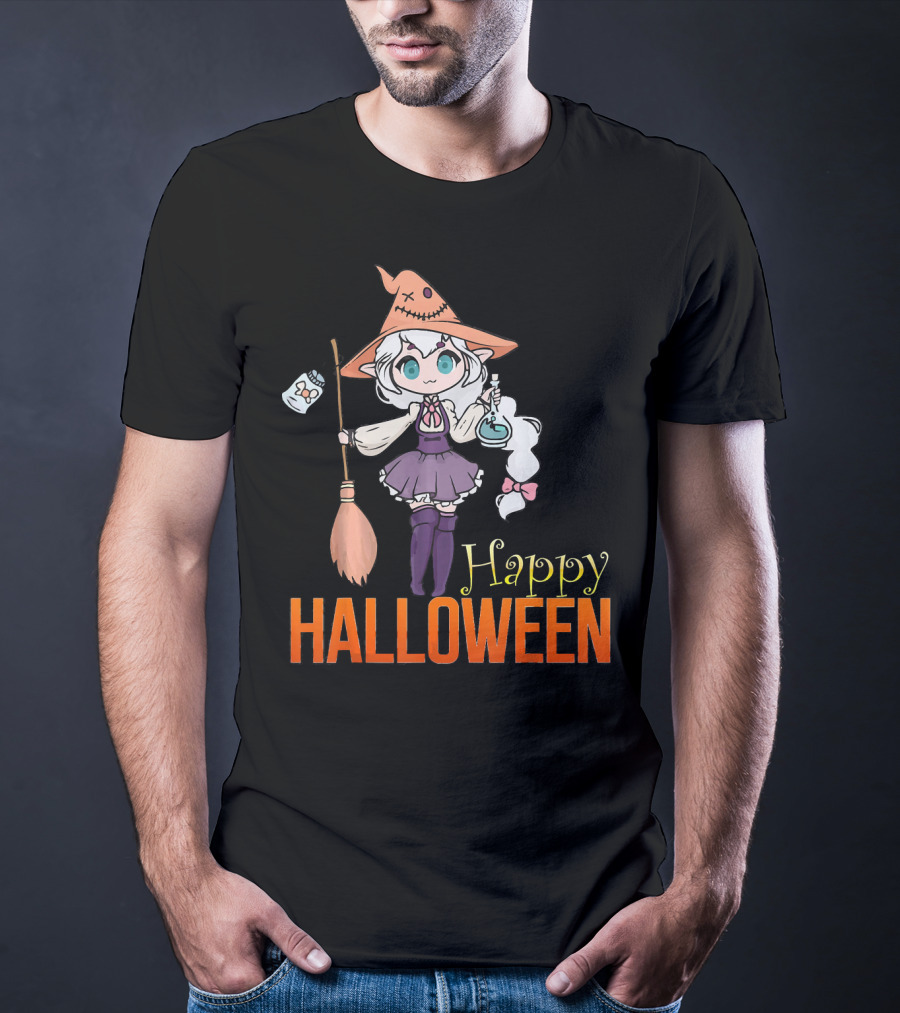 Happy Halloween Witch Anime Girl Cute Magic Potions And Broom T-Shirt