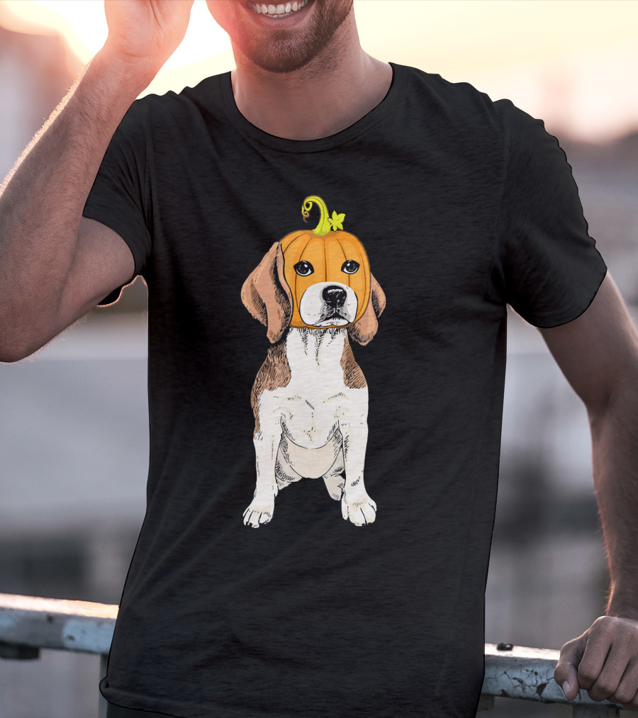 Beagle Wearing Pumpkin Face Funny Halloween Costume T-Shirt