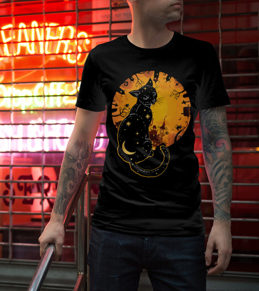 Halloween Black Cat With Stars And Moon In Haunted Landscape T-Shirt