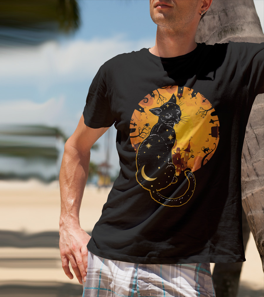 Halloween Black Cat With Stars And Moon In Haunted Landscape T-Shirt
