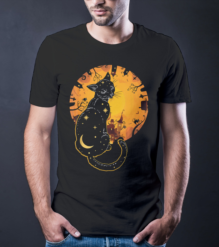Halloween Black Cat With Stars And Moon In Haunted Landscape T-Shirt