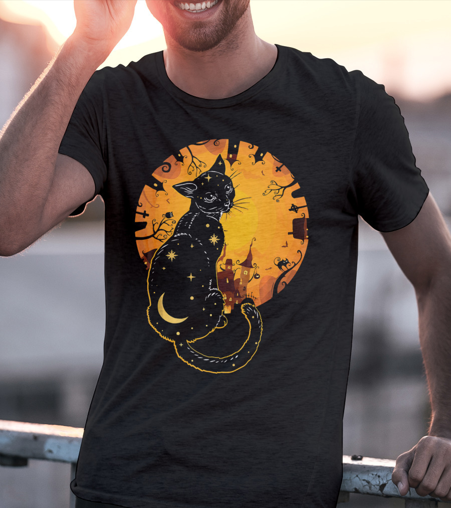 Halloween Black Cat With Stars And Moon In Haunted Landscape T-Shirt