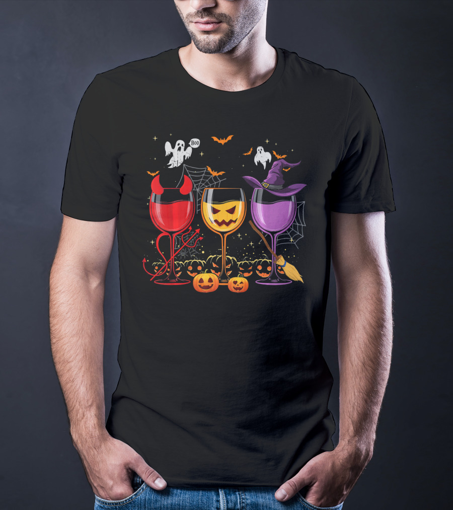 Three Glasses Of Wine Halloween Ghosts Pumpkins Bats Witches Devil T-Shirt