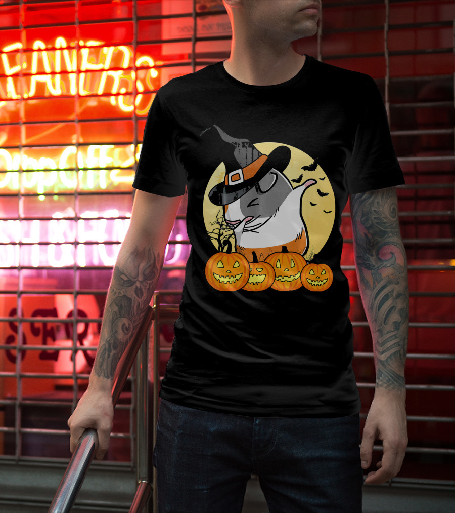 Witch Hat Dabbing Guinea Pig Halloween Pumpkins And Bats Moon Dance T-Shirt