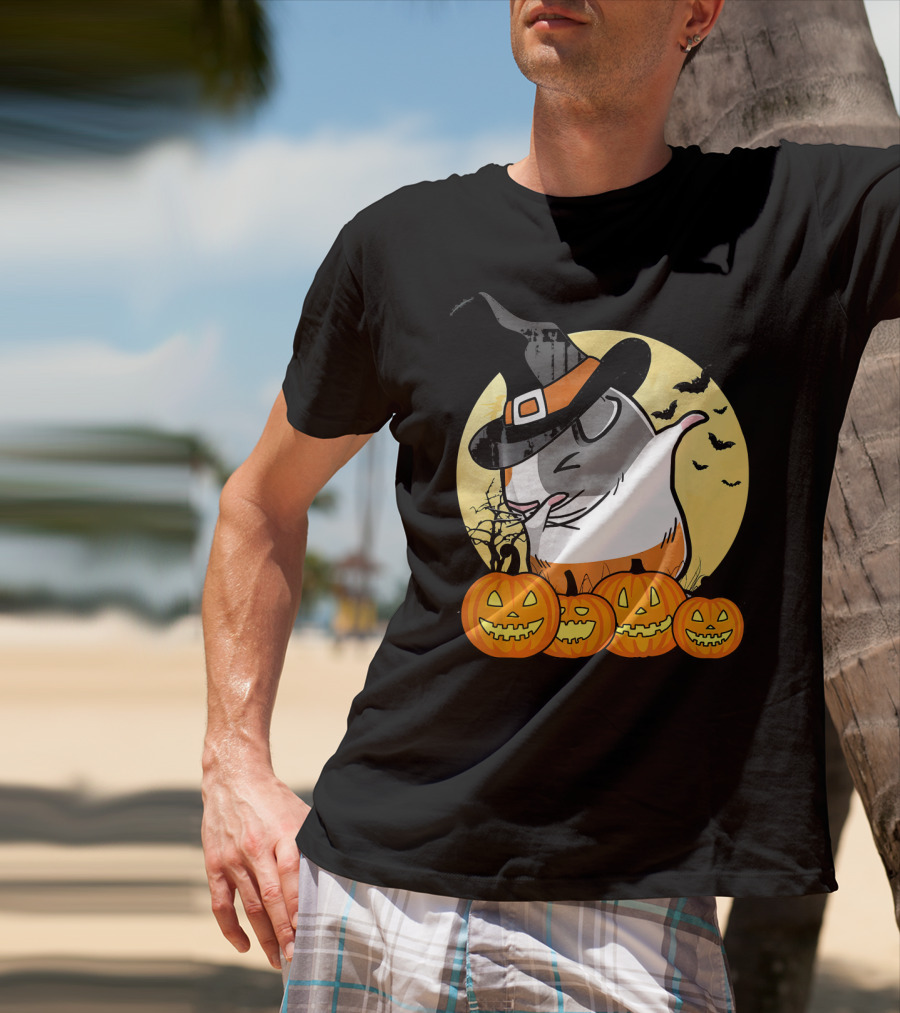 Witch Hat Dabbing Guinea Pig Halloween Pumpkins And Bats Moon Dance T-Shirt