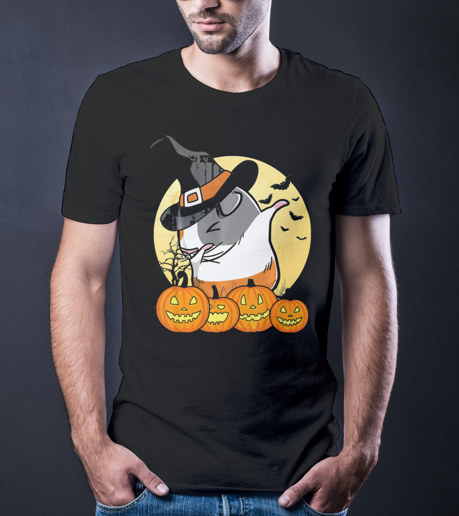 Witch Hat Dabbing Guinea Pig Halloween Pumpkins And Bats Moon Dance T-Shirt
