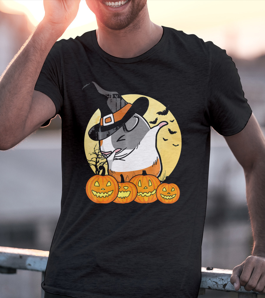 Witch Hat Dabbing Guinea Pig Halloween Pumpkins And Bats Moon Dance T-Shirt