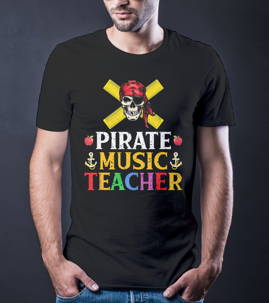 Funny Pirate Music Teacher Halloween Skull Anchors Apples Rulers T-Shirt