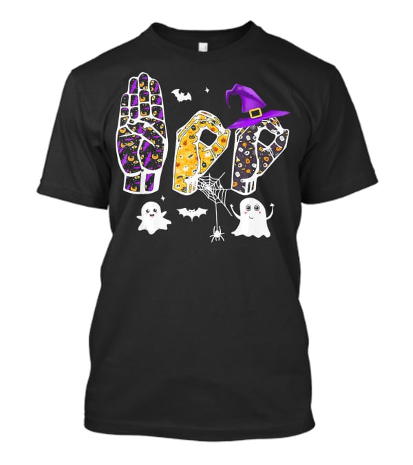 Pride ASL Boo Halloween Costume Sign Language Ghosts Bats Spider Webs Hat T-Shirt