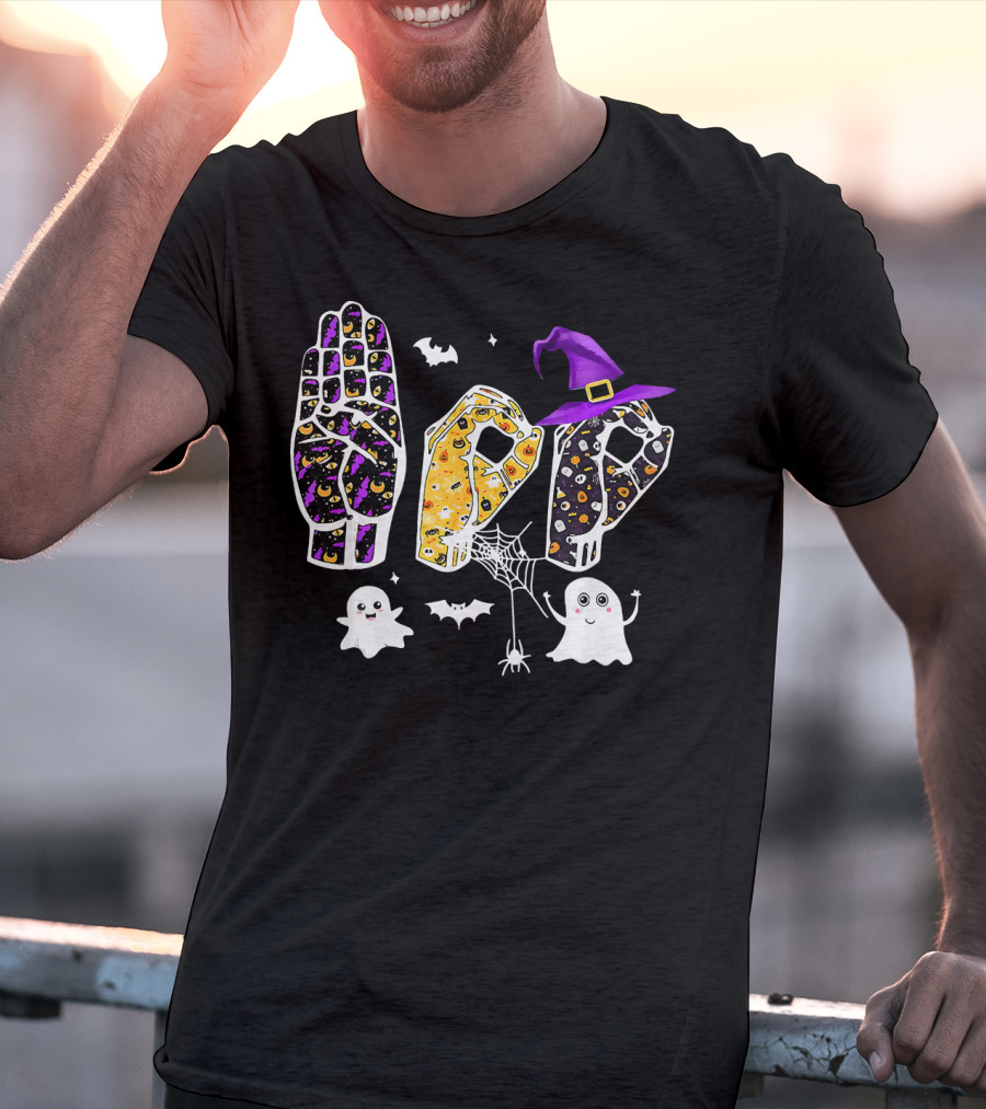 Pride ASL Boo Halloween Costume Sign Language Ghosts Bats Spider Webs Hat T-Shirt