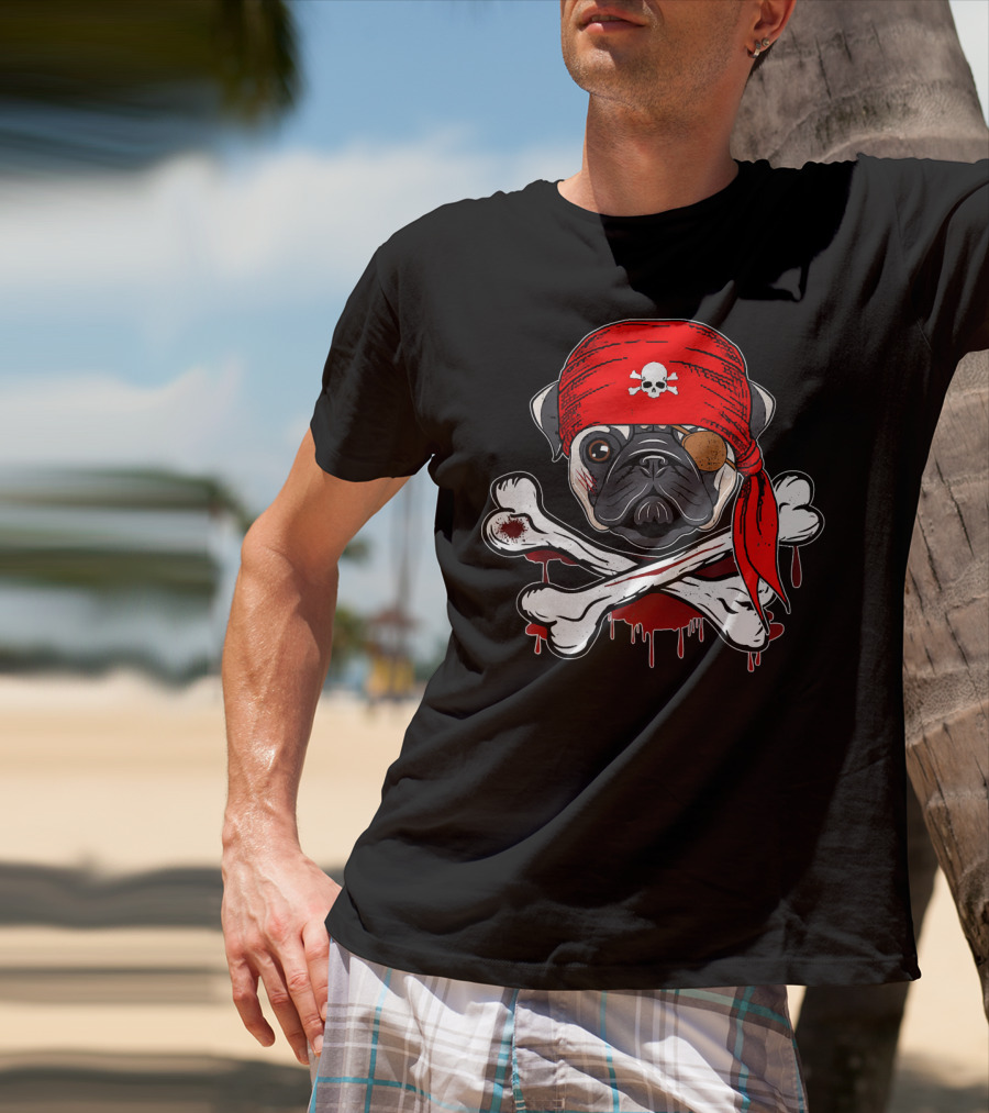 Funny Pirate Pug Dog With Skull Bandana And Crossbones T-Shirt