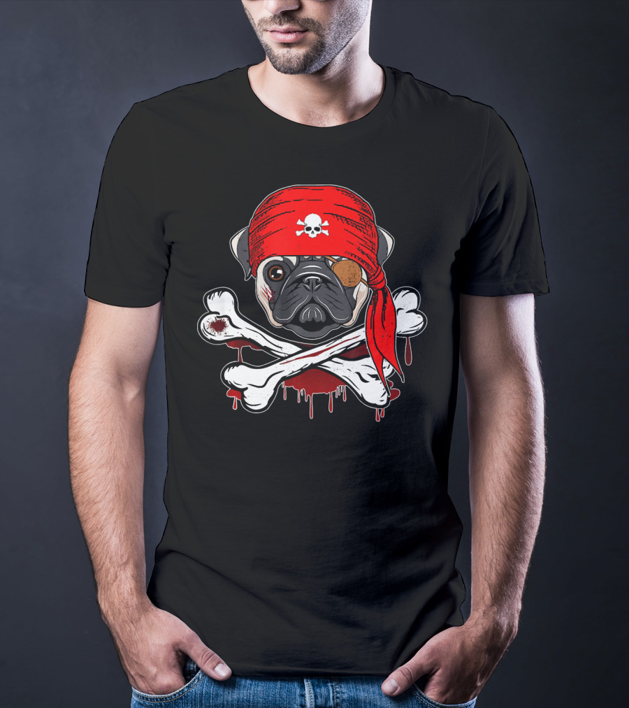 Funny Pirate Pug Dog With Skull Bandana And Crossbones T-Shirt