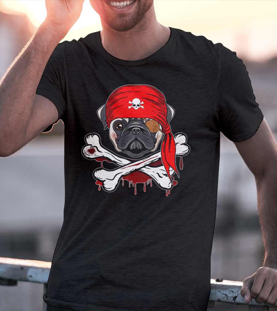 Funny Pirate Pug Dog With Skull Bandana And Crossbones T-Shirt