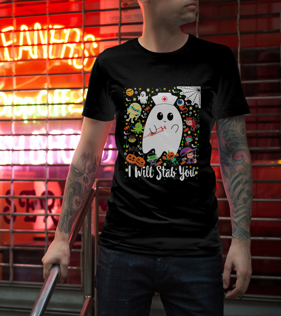 I Will Stab You Funny Halloween Ghost Nurse With Syringe Surrounded By Monsters Pumpkins And Web T-Shirt