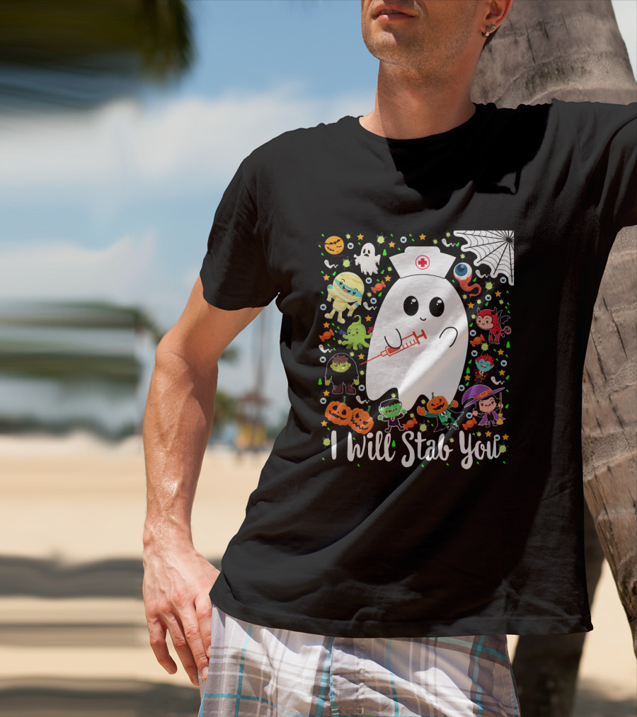 I Will Stab You Funny Halloween Ghost Nurse With Syringe Surrounded By Monsters Pumpkins And Web T-Shirt