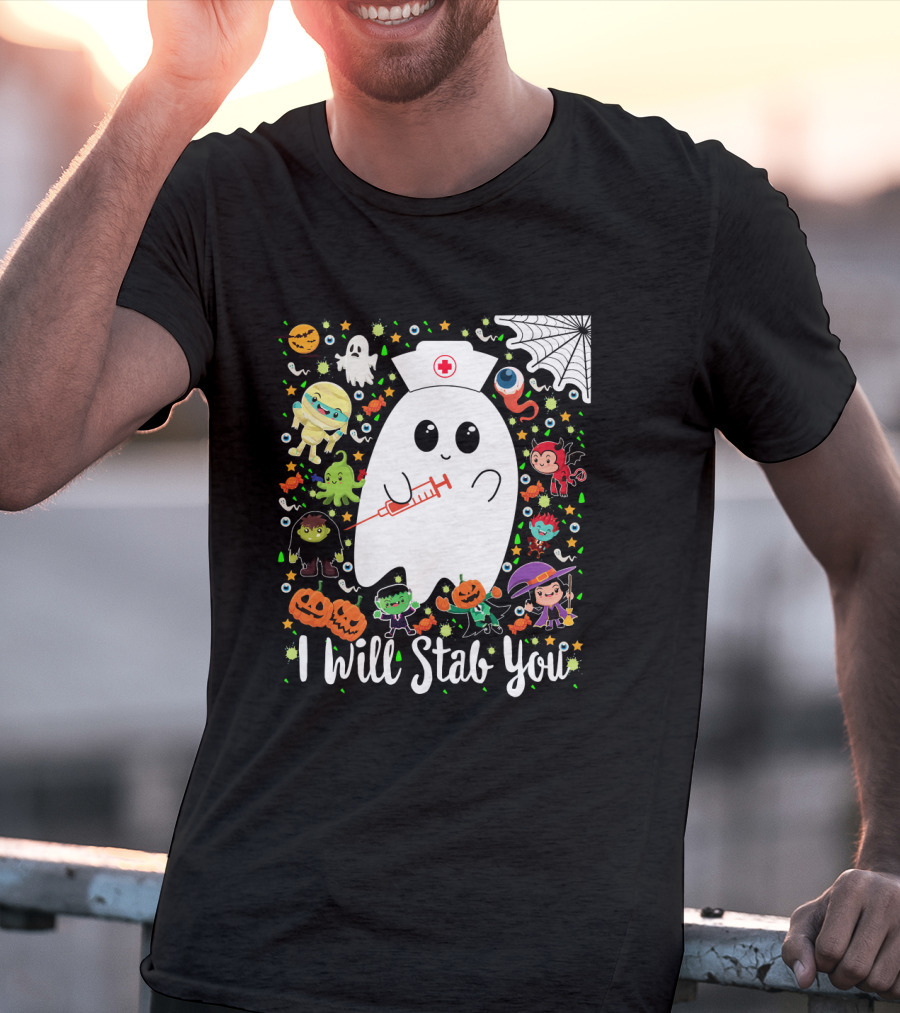 I Will Stab You Funny Halloween Ghost Nurse With Syringe Surrounded By Monsters Pumpkins And Web T-Shirt