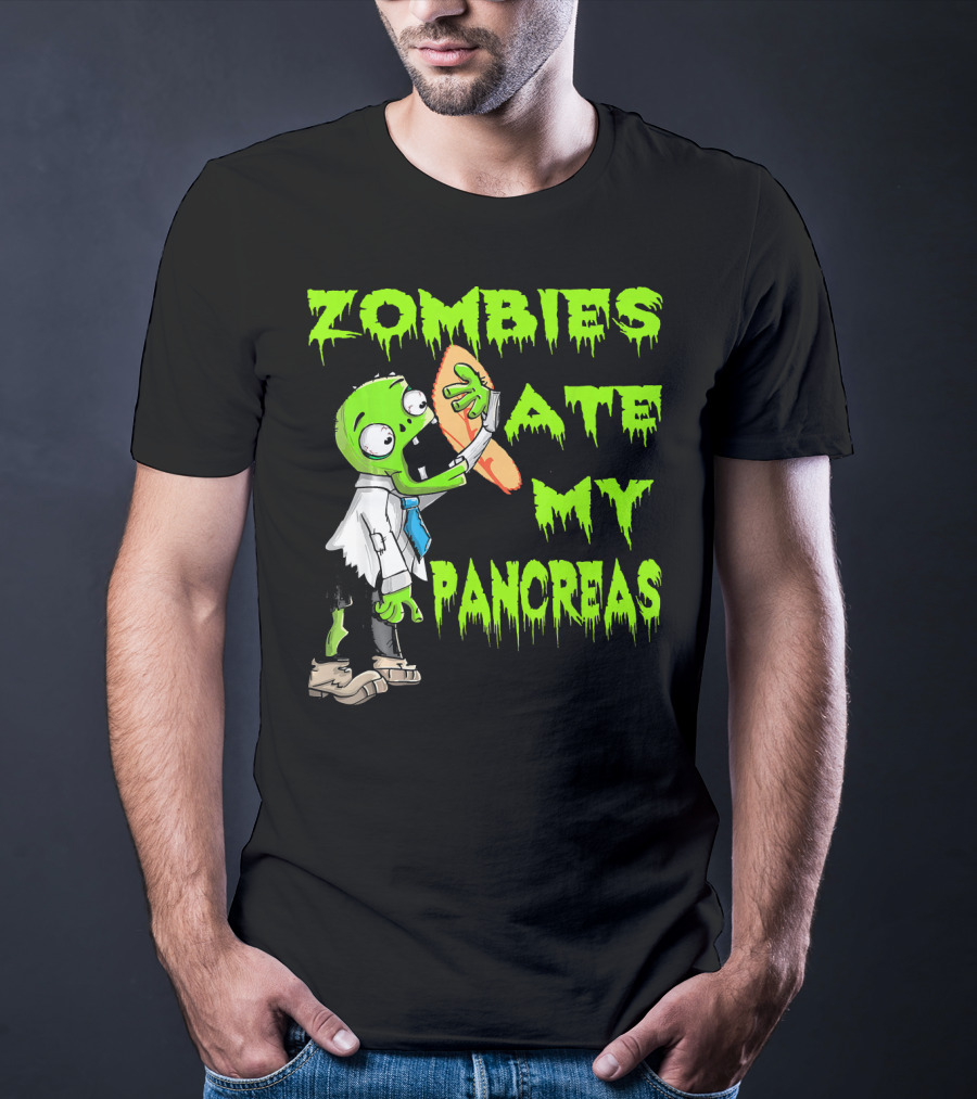 Zombies Ate My Pancreas Diabetes Awareness Cartoon Zombie Holding Organ T-Shirt