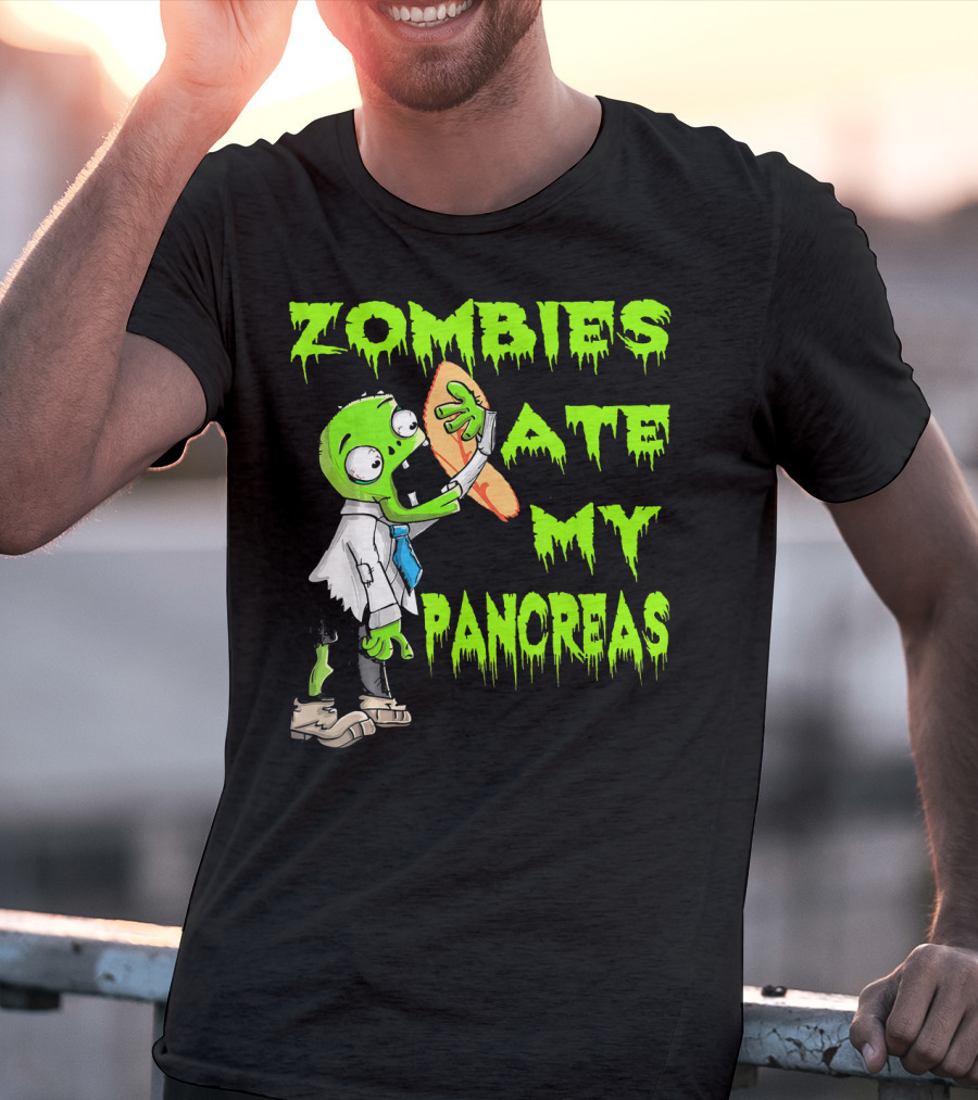 Zombies Ate My Pancreas Diabetes Awareness Cartoon Zombie Holding Organ T-Shirt