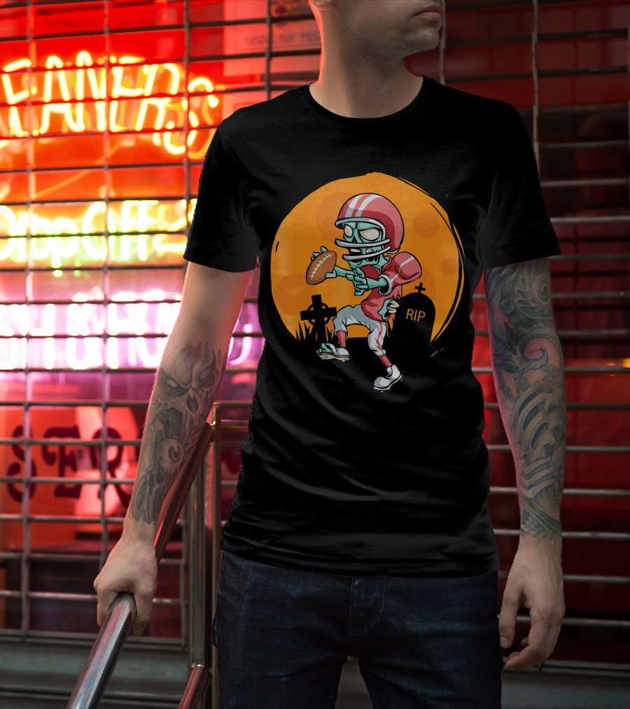 Zombie Football Player Halloween Graveyard Scene T-Shirt