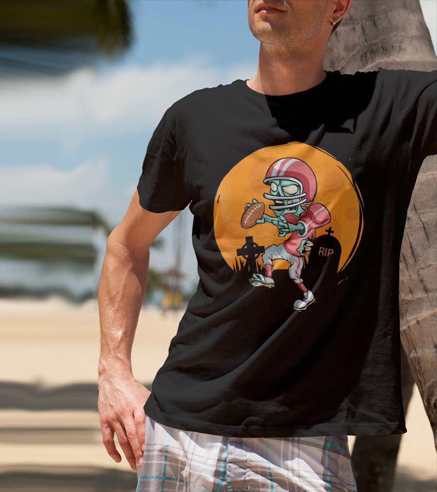 Zombie Football Player Halloween Graveyard Scene T-Shirt