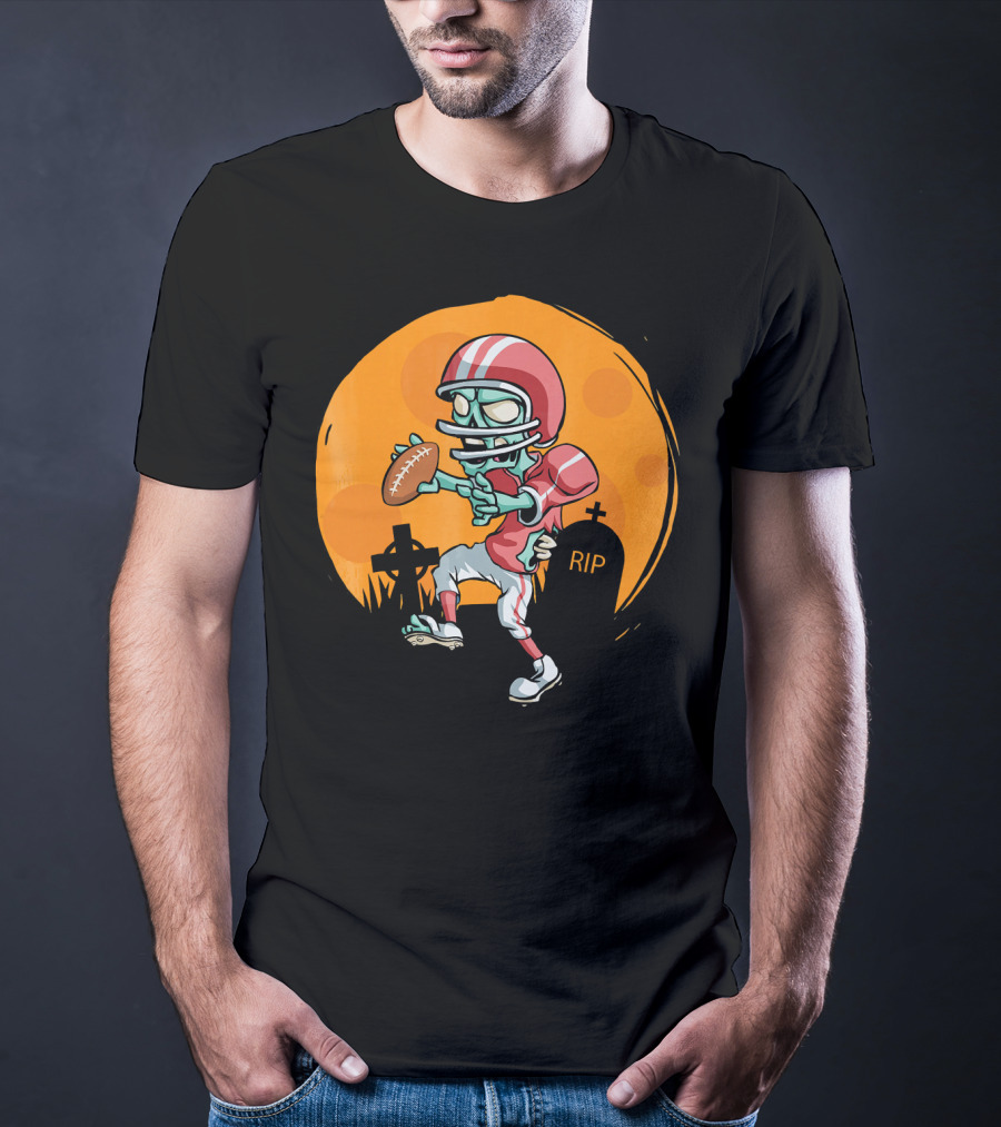 Zombie Football Player Halloween Graveyard Scene T-Shirt