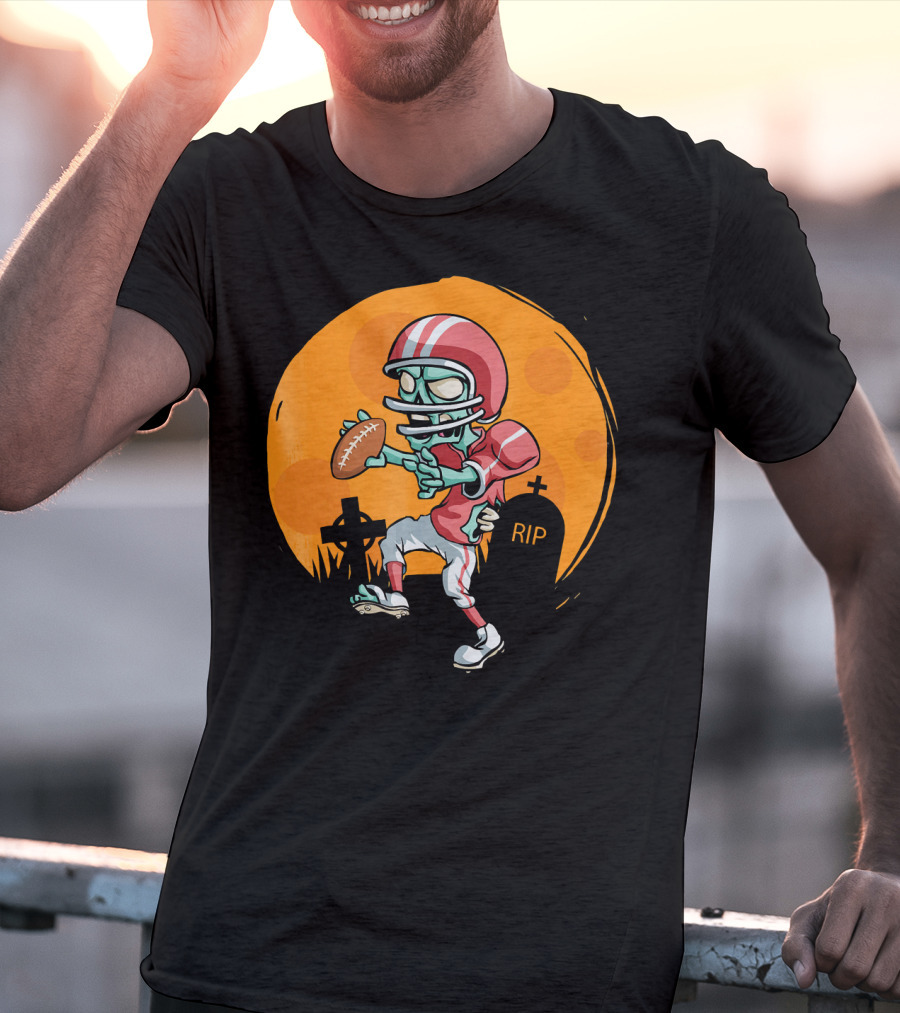 Zombie Football Player Halloween Graveyard Scene T-Shirt