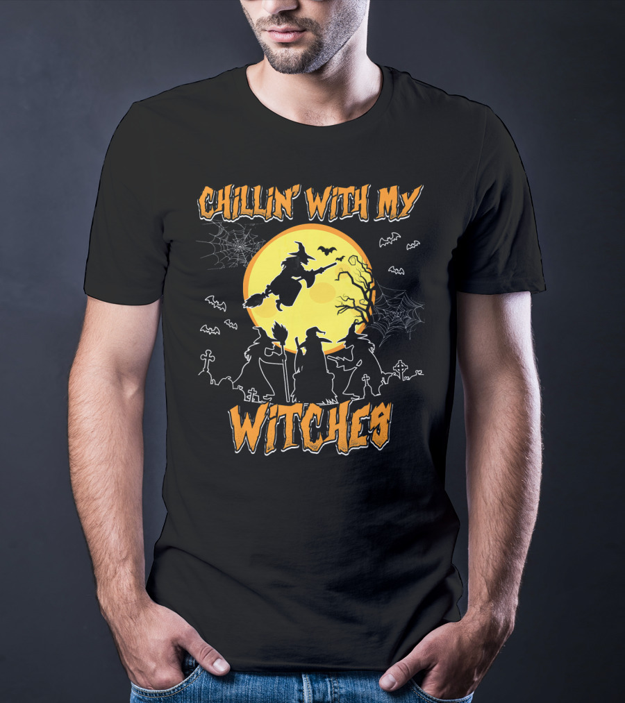 Chillin With My Witches Full Moon Spooky Bats And Webs Scene T-Shirt
