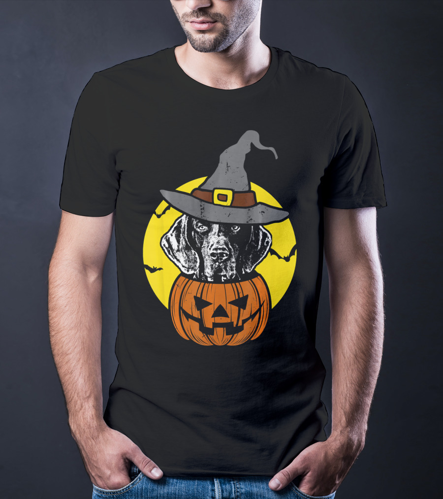 German Shorthaired Pointer Witch Hat Pumpkin Halloween Moon T-Shirt