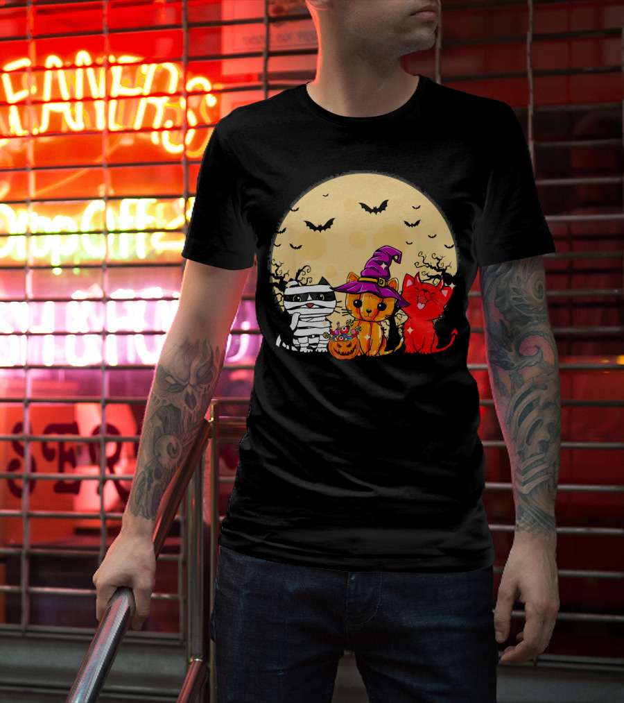 Three Cats Halloween Moon Bats Mummy Witch Devil T-Shirt